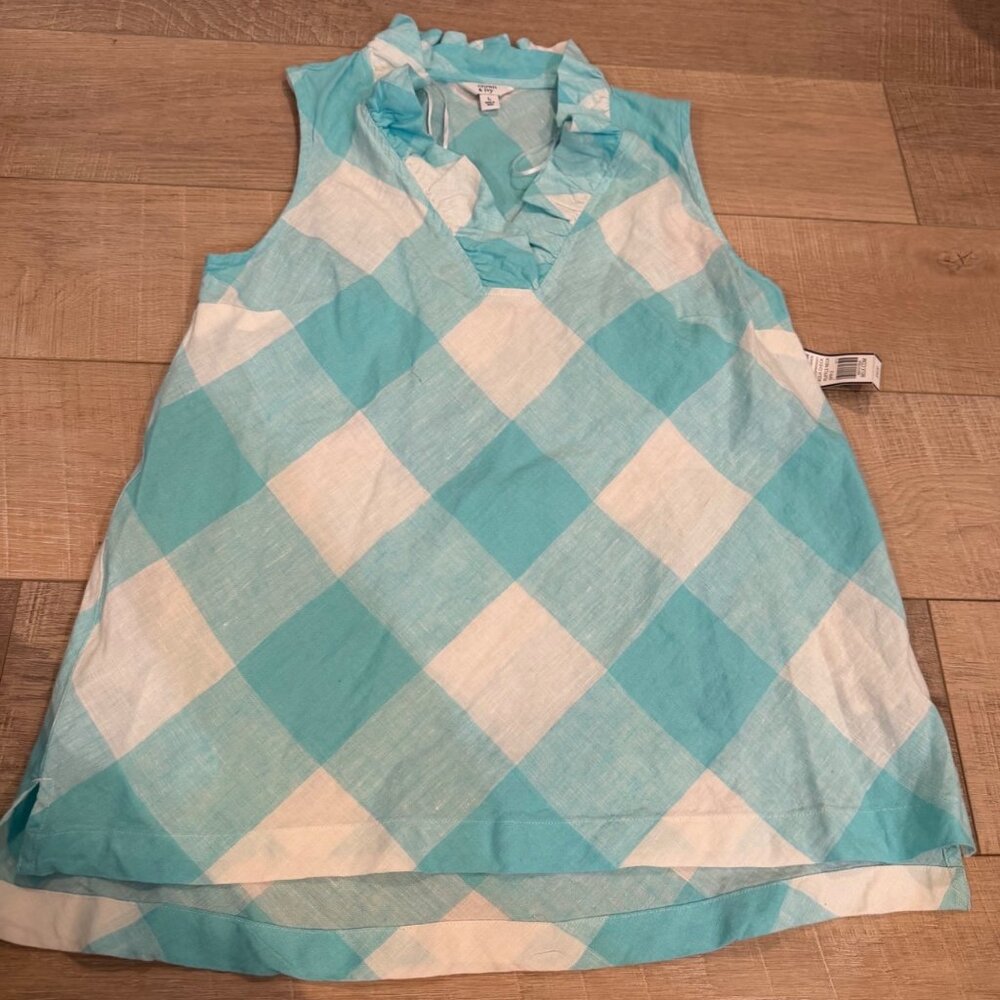 CROWN AND IVY WOMENS BLUE WHITE LINEN SLEEVELESS SHIRT NEW LARGE